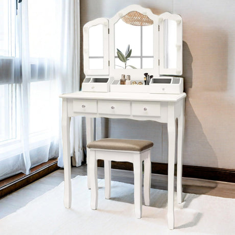 Table, Vintage Vanity Desk with Mirror and Lights, Tri-Fold Mirror Small Makeup Vanity