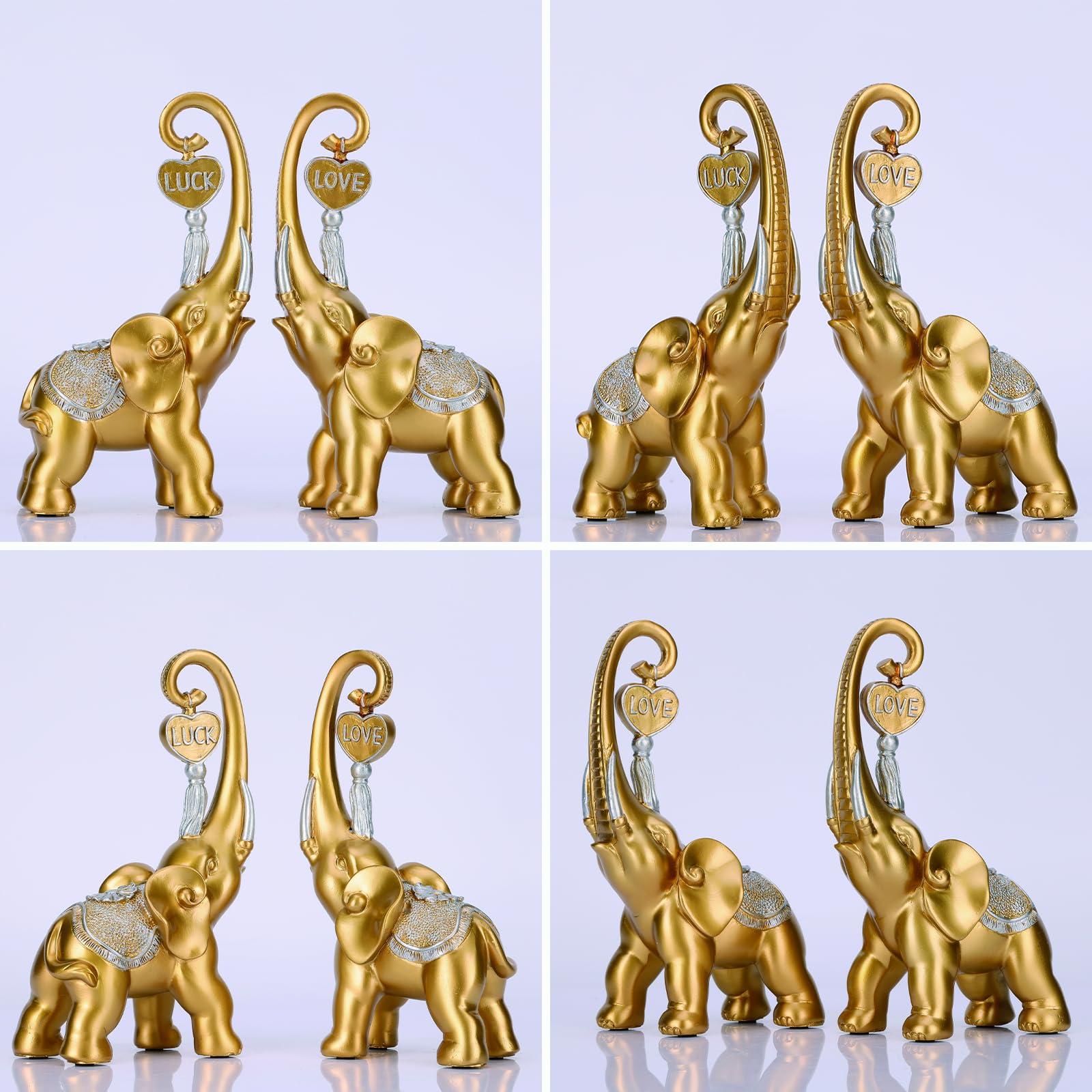 Gold Elephant Statue 2 Piece Set, Love Elephant Sculpture, Gold Figurine Home Decor