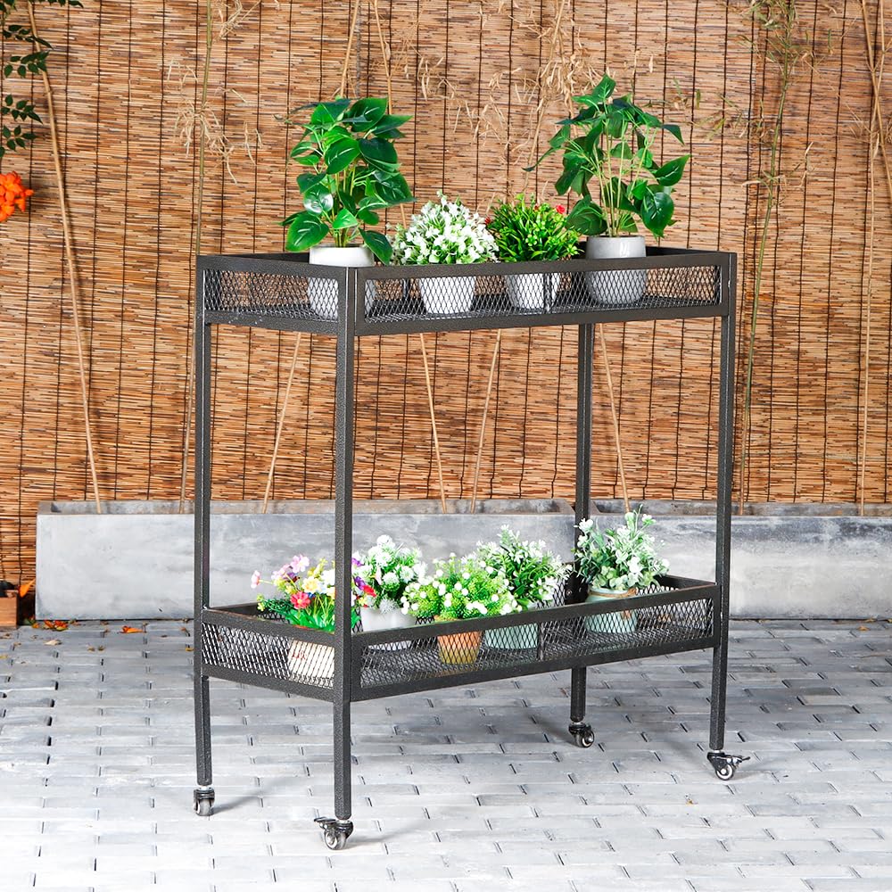2-Tier Metal Plant Stand - Indoor/Outdoor Aluminum Shelf with Universal Wheel