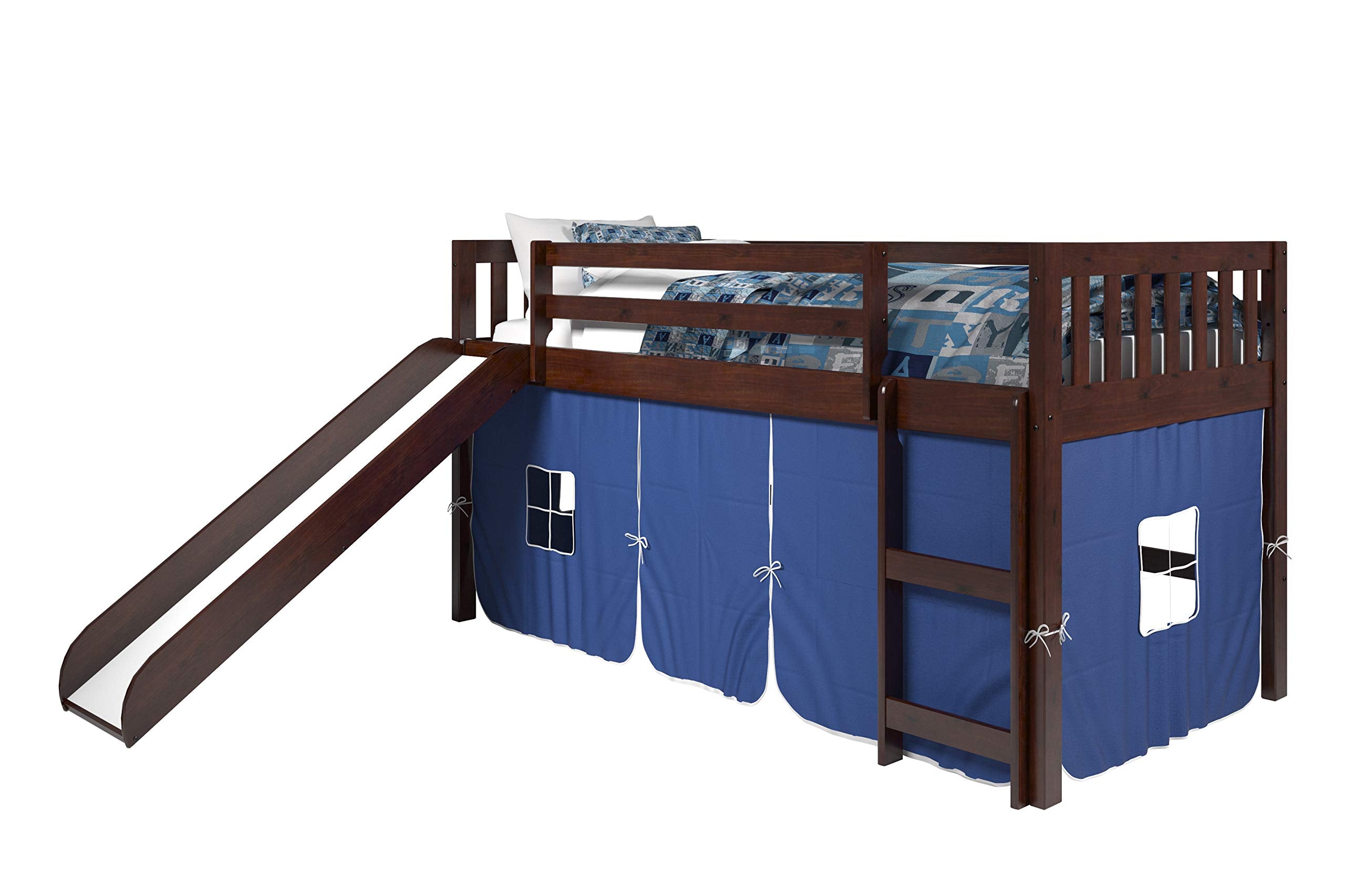 Tent Twin Cappuccino Low Loft with Slide and Blue Tent