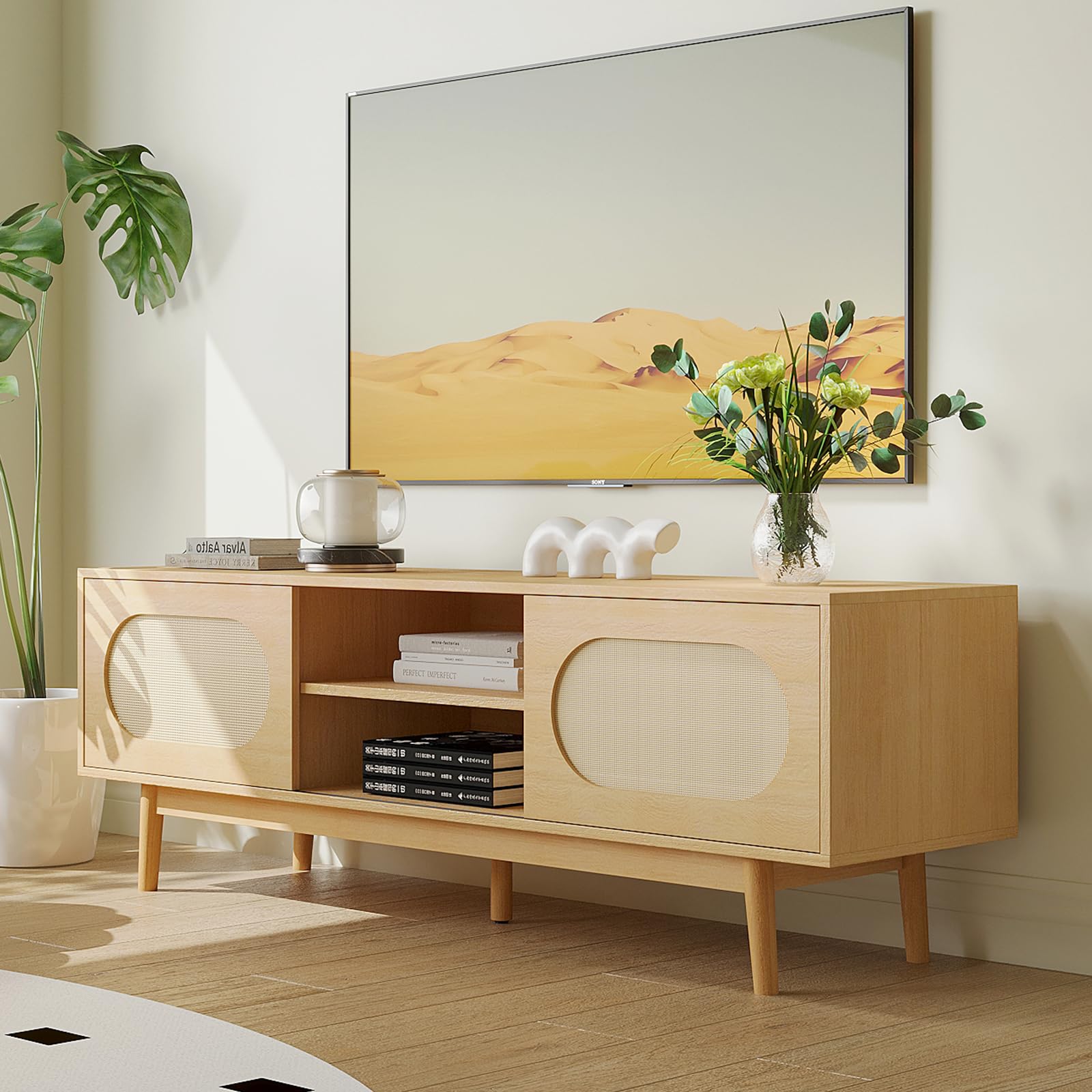 Farmhouse Rattan TV Stand for 55/60/65 inch TV, Modern Entertainment Center with Natural