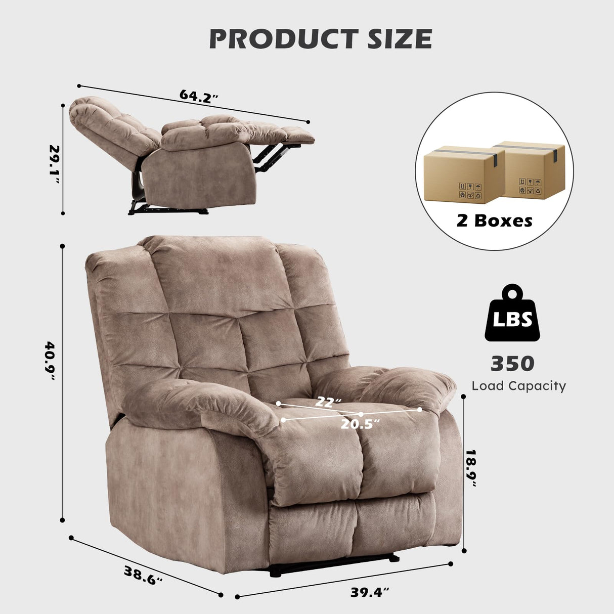 Single Recliner Chairs for Living Room Overstuffed Breathable Fabric Reclining Chair