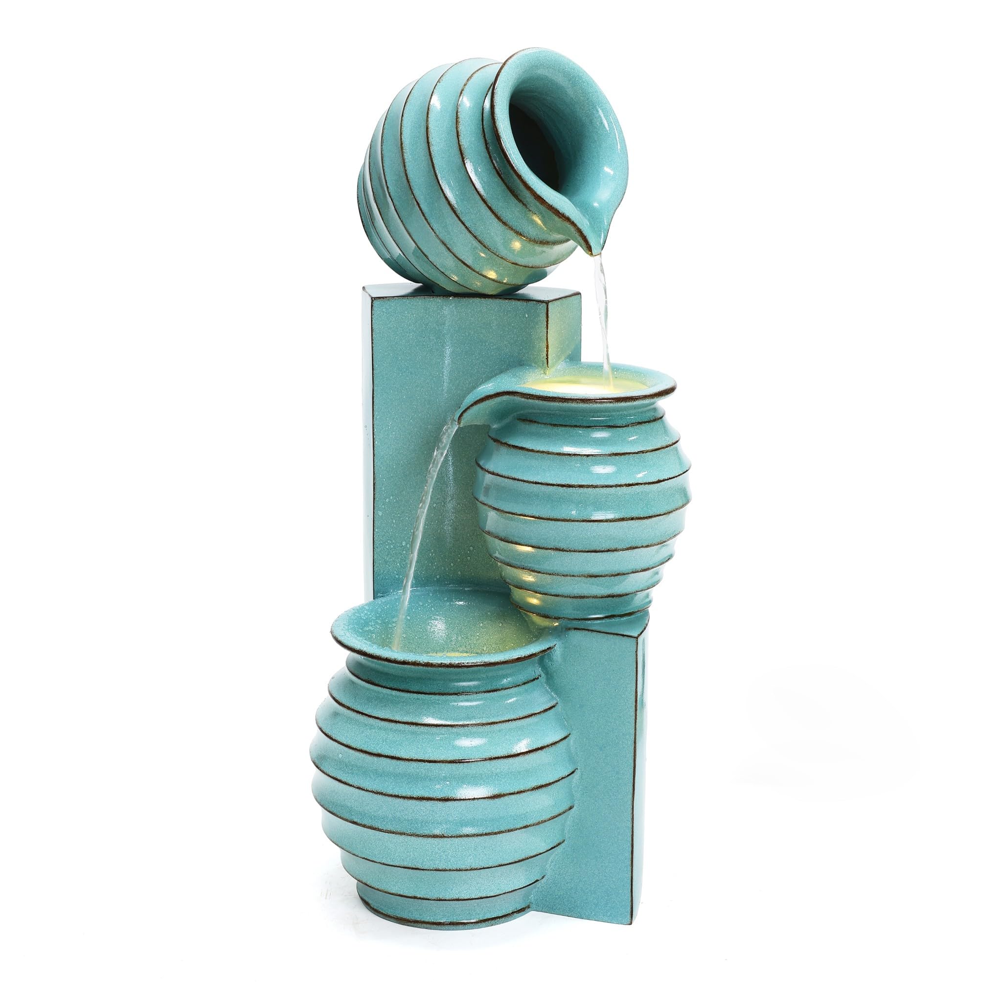 30" Tall Aqua Blue Outdoor Water Fountain with LED Lights, Cascading Resin Garden