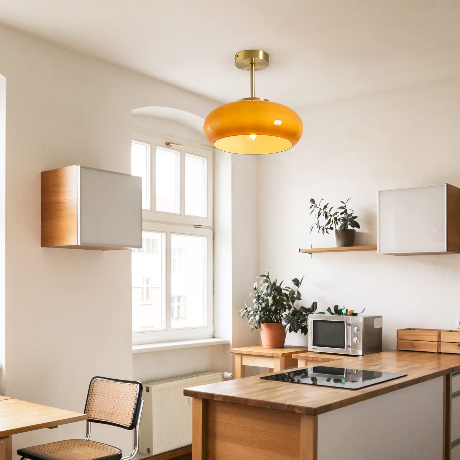 Semi Flush Mount Ceiling Light with Glass Shade - Orange Vintage Fixture