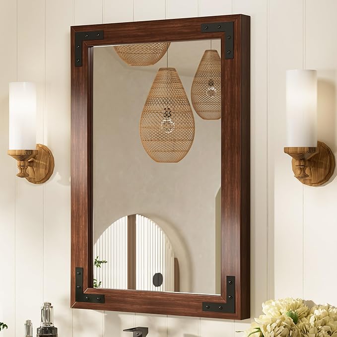 60 x 36 Inch Rustic Bathroom Mirror Wood Frame, Dark Brown Farmhouse Natural