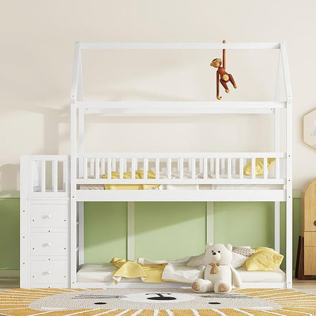 Twin Over Twin House Bunk Bed with Storage Shelves and Drawers, Twin Size Floor Low Bunk Bed with Playground, House Shaped Bunk Bed for Kids, White