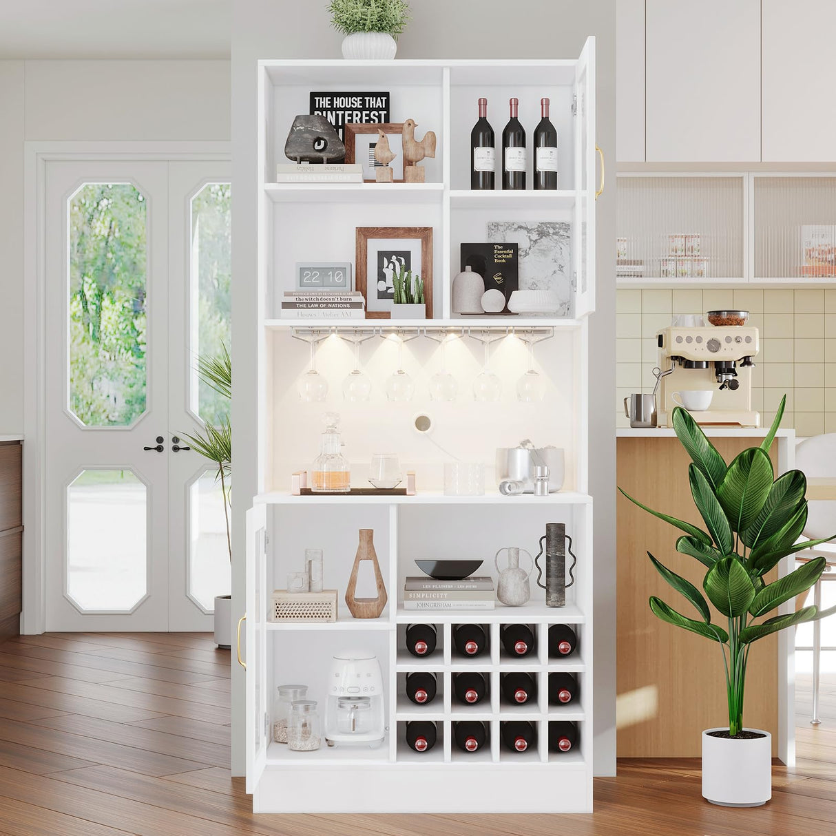 Wine Bar Cabinet with LED Light and Wine Glass Holder, Kitchen Pantry Cabinet