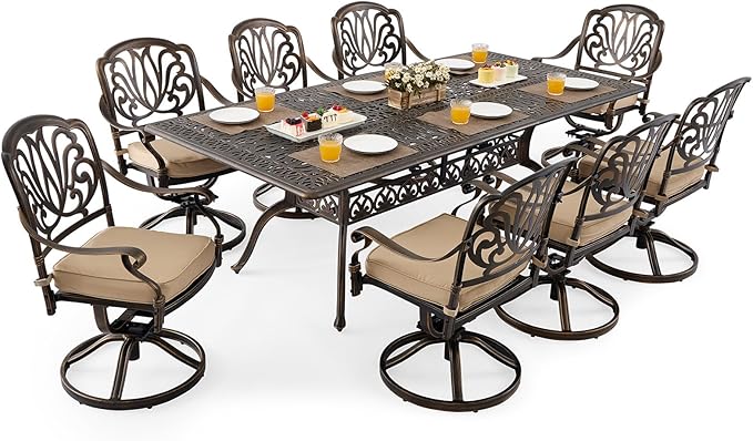7 Piece Cast Aluminum Outdoor Dining Set Retro Patio Dining Set for 6 Includes 59” Rectangular Table and 6 Chairs