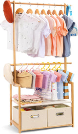 Kids Clothing Rack Bamboo with 2 Storage Baskets and 2 Adjustable Hanging Rods