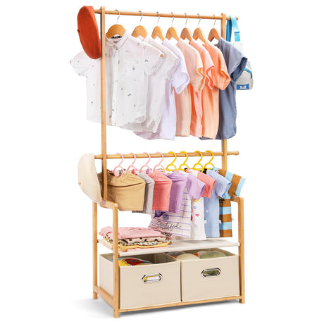 Kids Clothing Rack Bamboo with 2 Storage Baskets and 2 Adjustable Hanging Rods