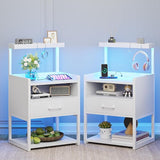 Night Stand Set 2 with Charging Station and LED Lights, Black Night Stand with Drawer