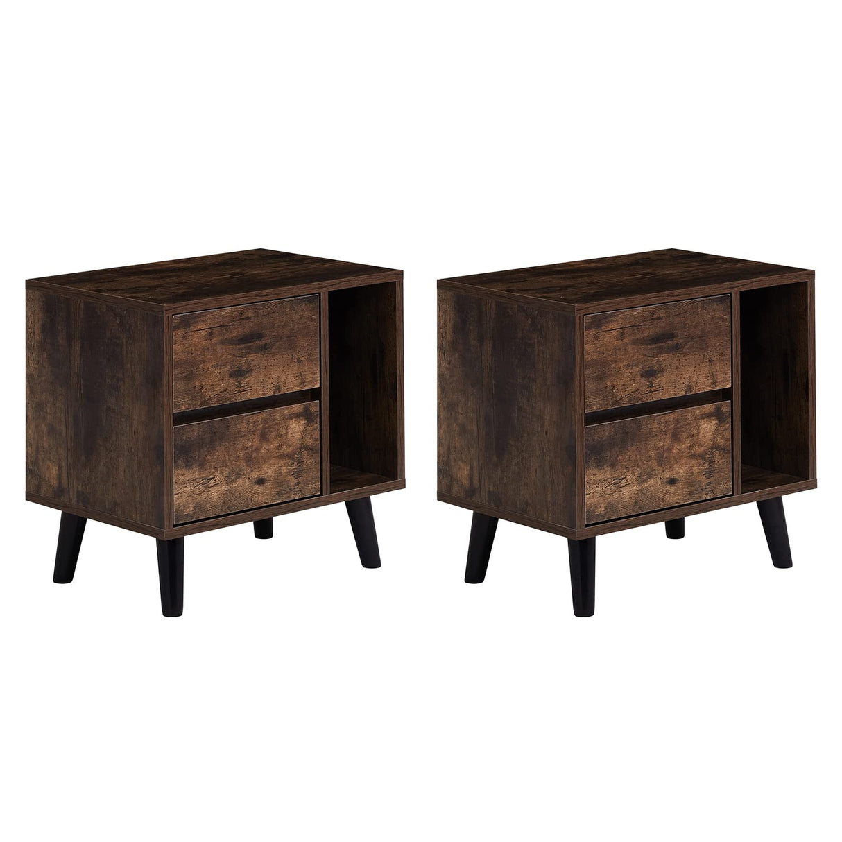 Set of 2 Modern Nightstand with 2 Drawers, Open Storage & Solid Wood Legs, Bedside