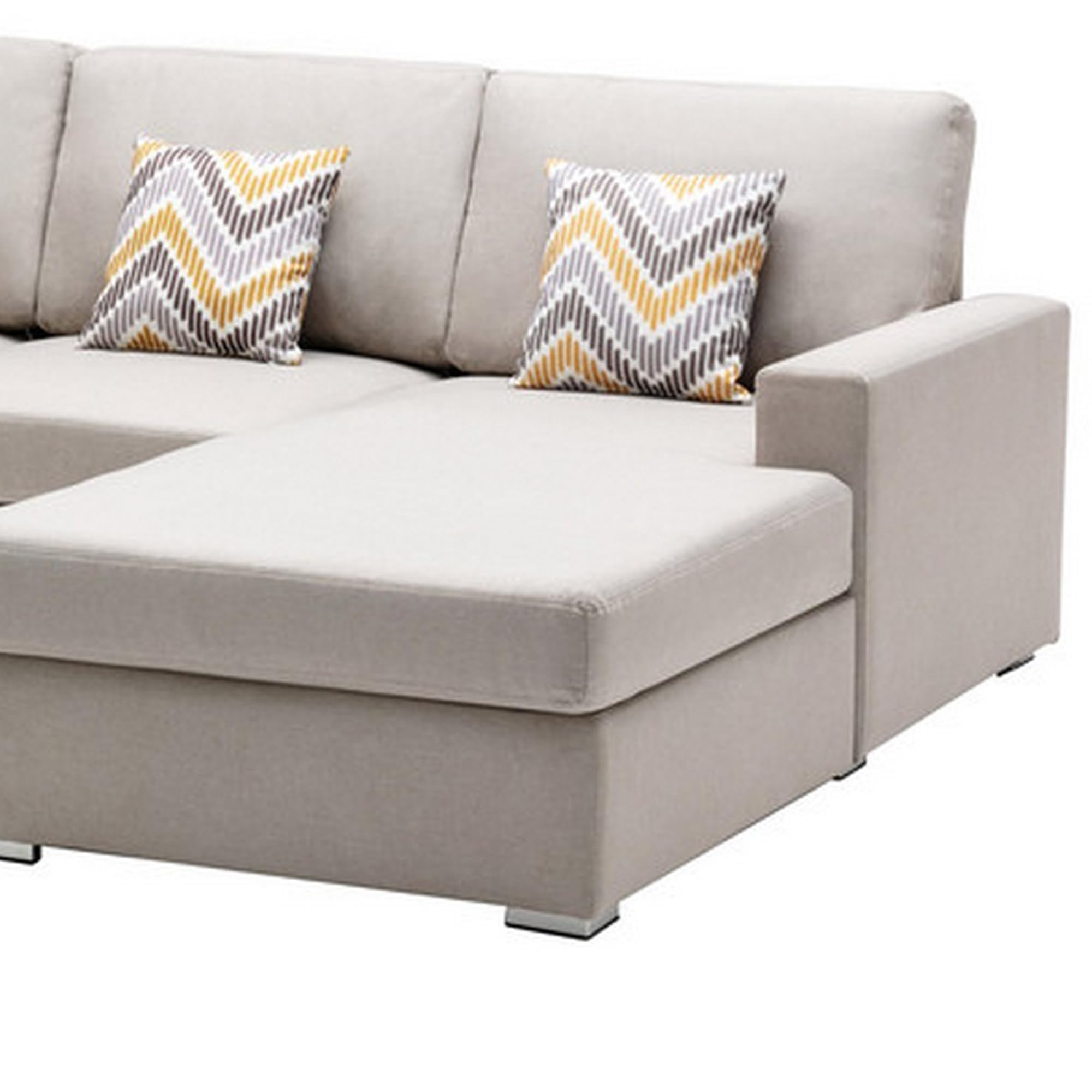 Lini 4 Piece L Shape Sofa, Reversible Chaise, Ottoman, 3 Pillows, Beige