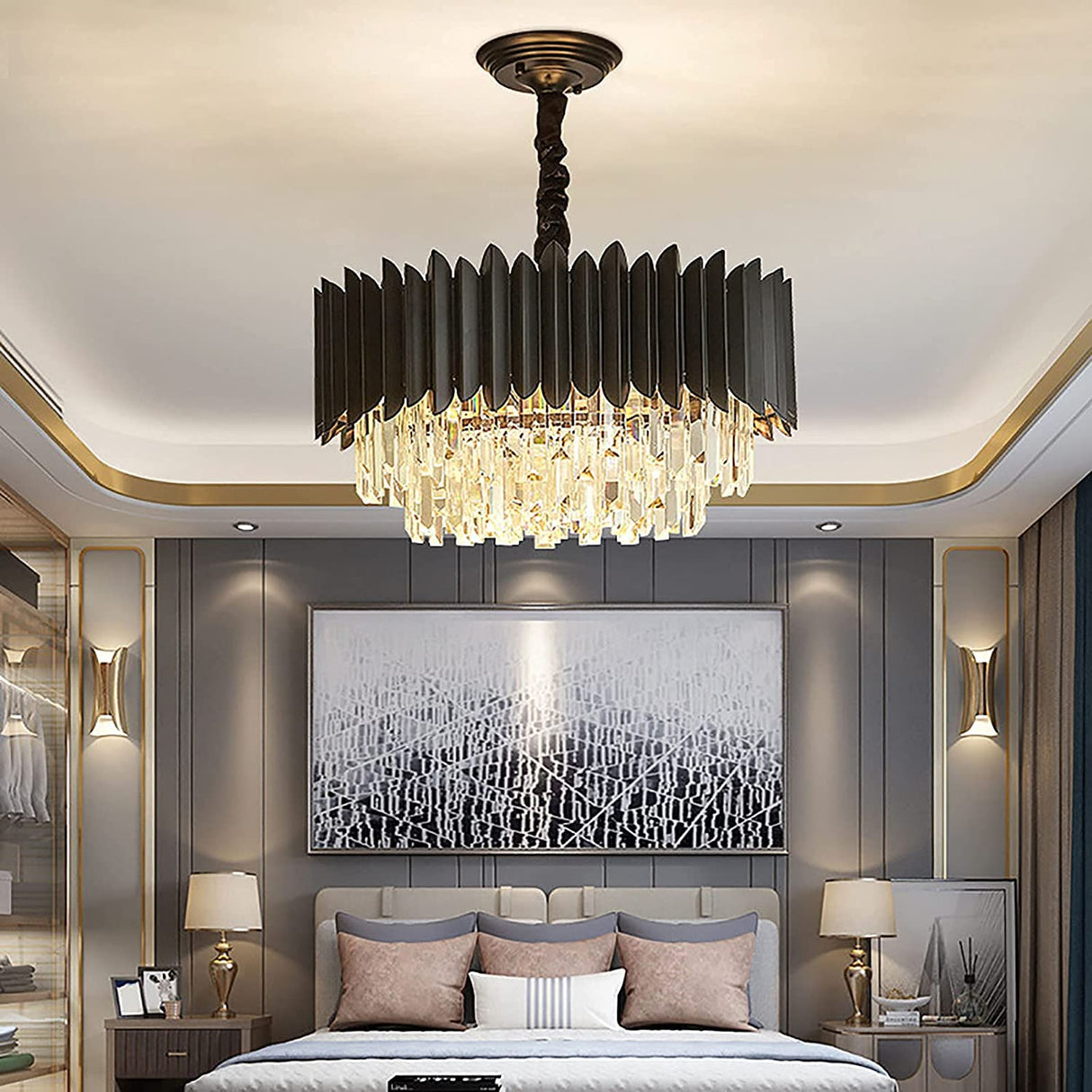 Crystal Chandeliers,Black Round Chandelier Light Fixture,2-Tier Raindrop Ceiling Light