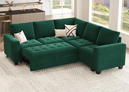 Belffin Modular Sectional Sleeper Sofa with Pull Out Couch Bed Velvet Convertible L Shaped Sectional Couch for Living Room Apartment Beige