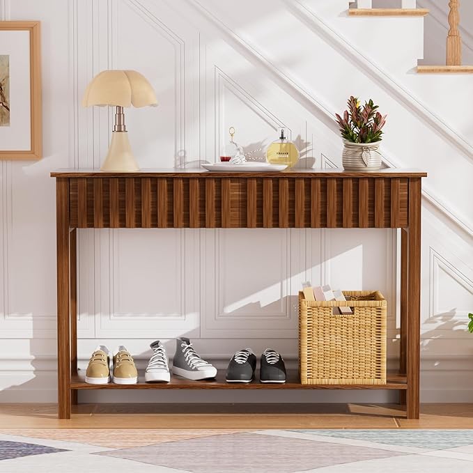 Entryway Console Table with 2 Fluted Drawers and Shelf, 47.2" Boho Entryway Table