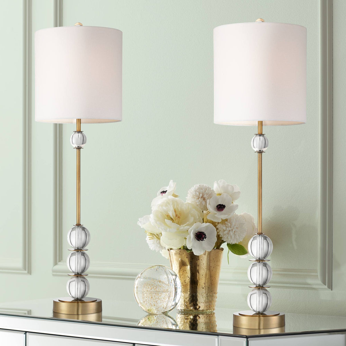 Halston Modern Buffet Table Lamps Set of 2 with Dimmer 32 1/2" Tall Skinny Brass Metal