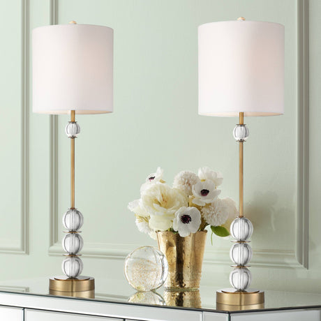 Halston Modern Buffet Table Lamps Set of 2 with Dimmer 32 1/2" Tall Skinny Brass Metal