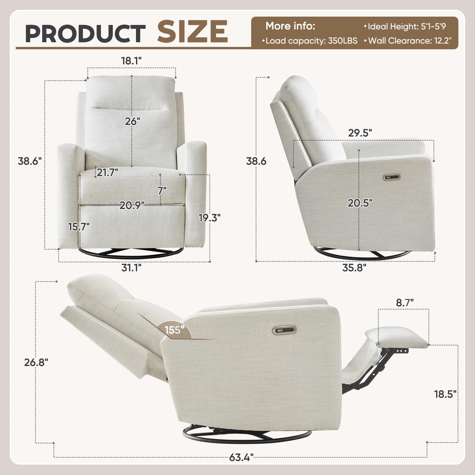 FlexNest Swivel Rocker Recliner with USB-C & Ergonomic Wing Back