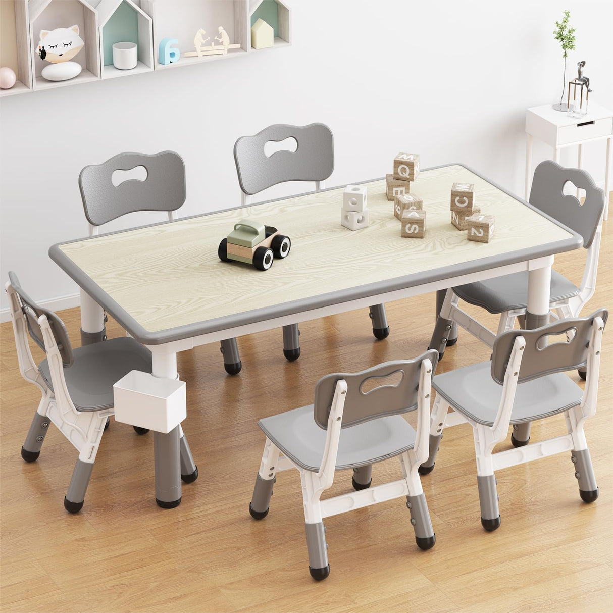 Table and 6 Chairs Set with Storage Box, Height Adjustable Toddler Table and Chair Set