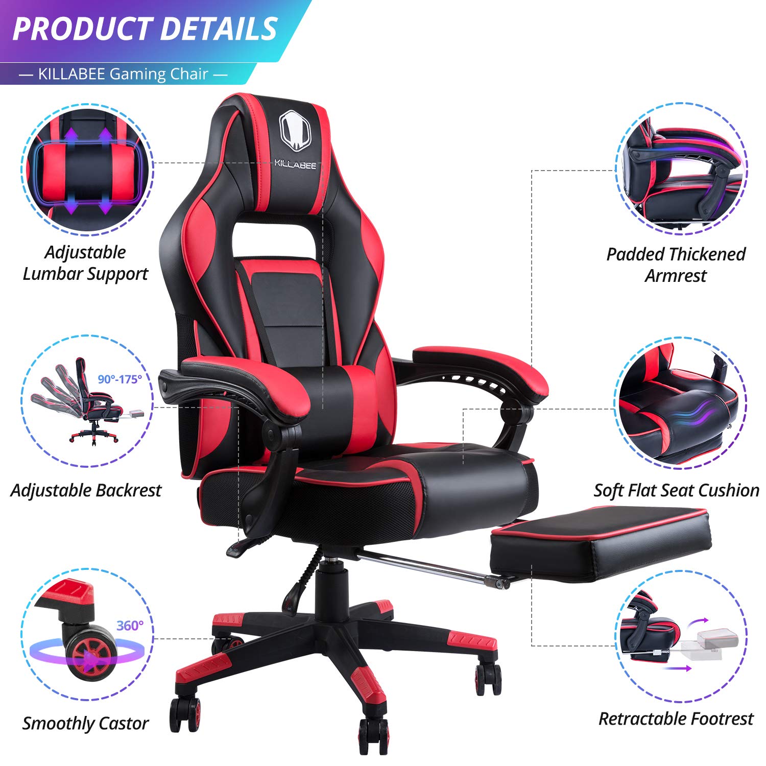 Massage Gaming Chair with Retractable Footrest - High Back PU Leather Racing Style