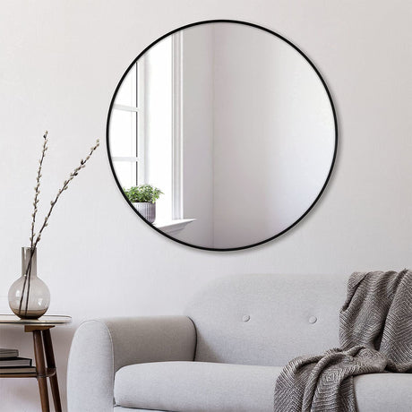 42" Large Round Mirror Circle Wall Mirror, Black Metal Framed Huge Farmhouse Hanging