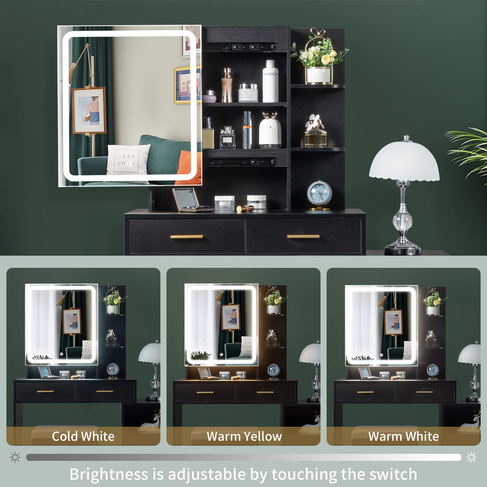 Table Set with Sliding Lighted Mirror 3-Color Lighting Makeup Desk with 4 Drawers,