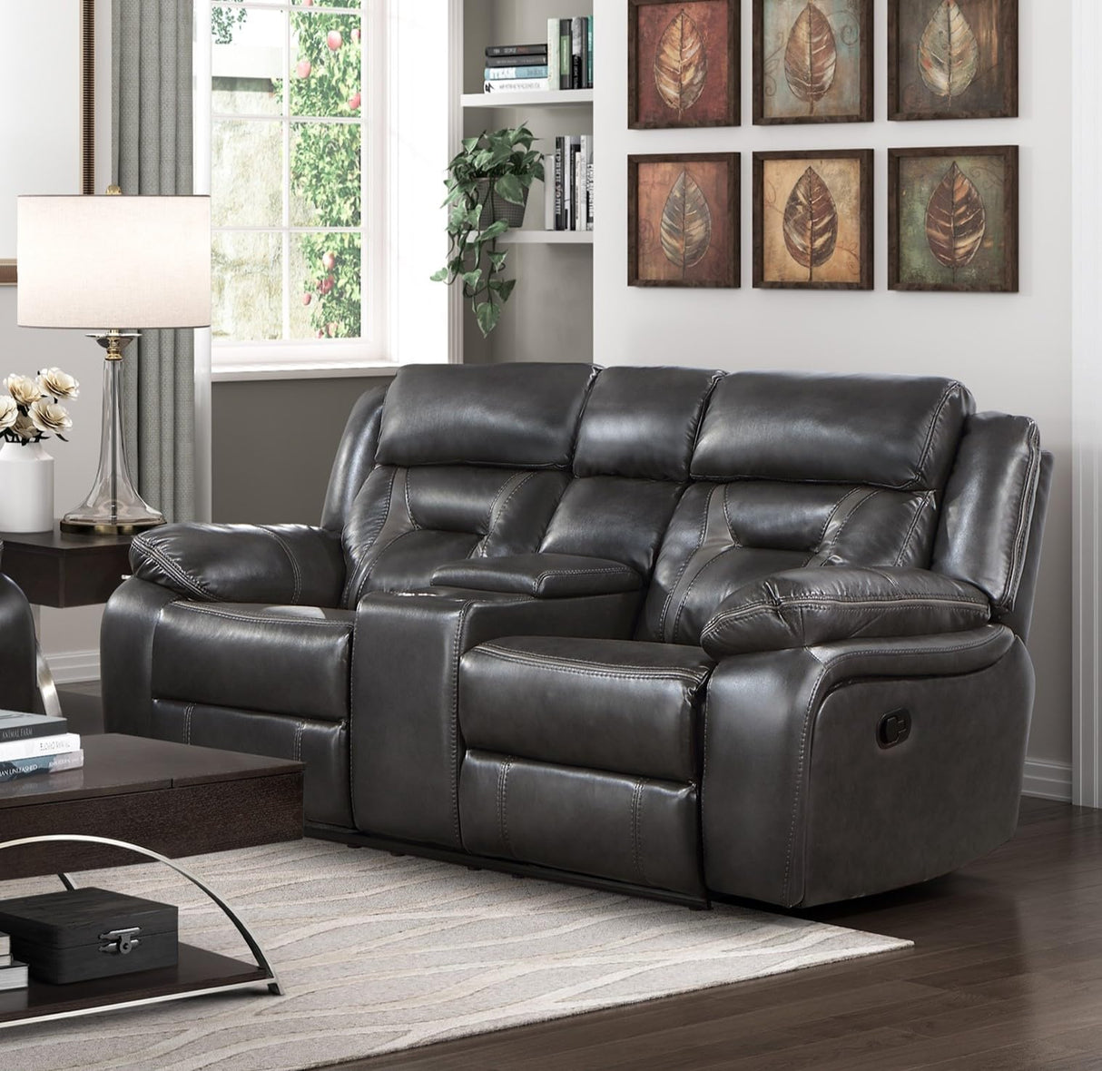 Ultra-Modern Reclining Loveseat with Center Console - Dark Gray Faux Leather