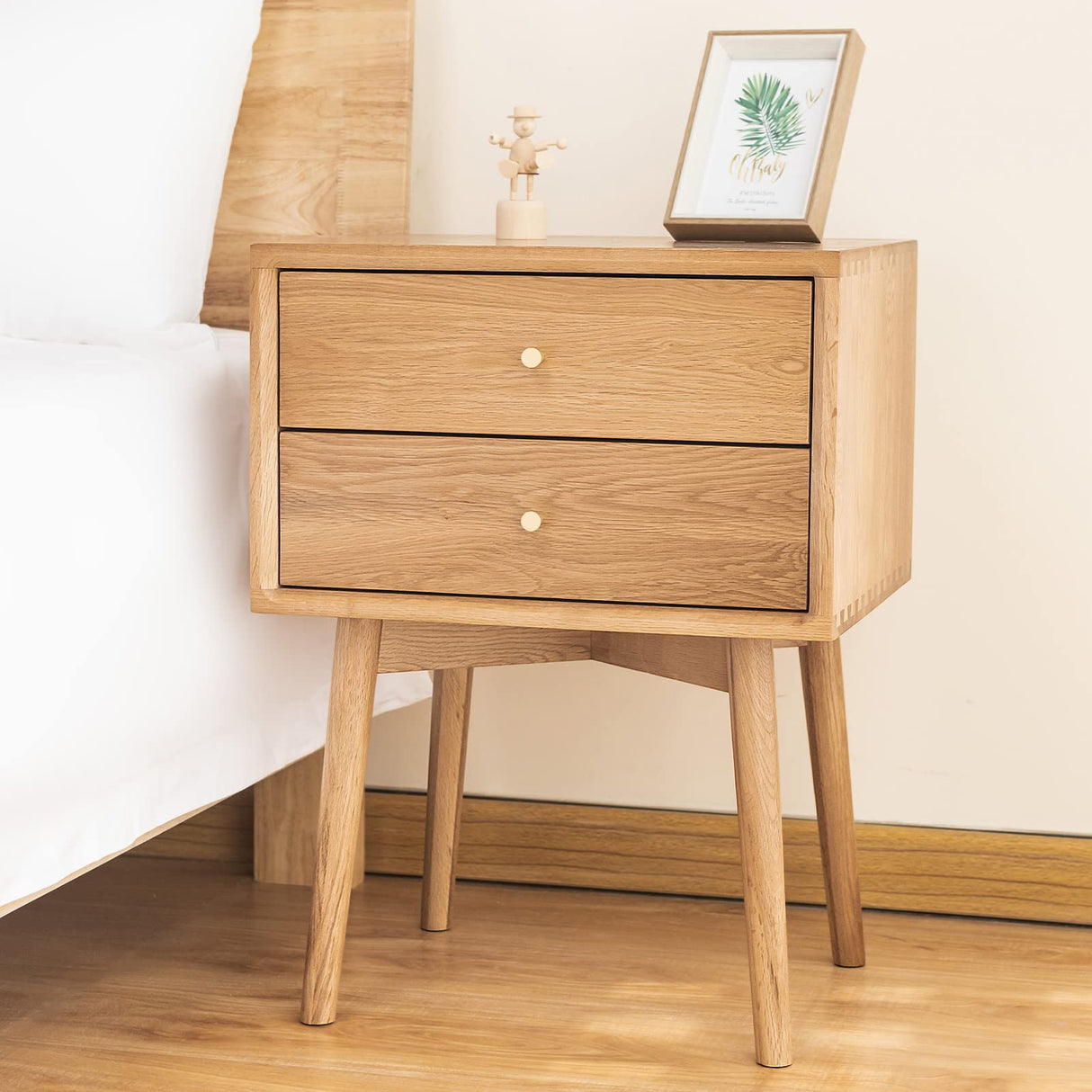 Night Stand, Midcentury Modern Solid Wood Nightstand with Drawer, Durable Sturdy Tall