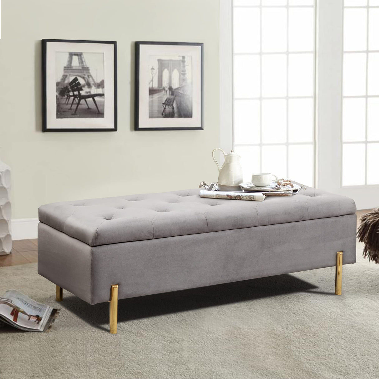 Upholstered Storage Bench Velvet Bed Bench with Storage Entryway Bench