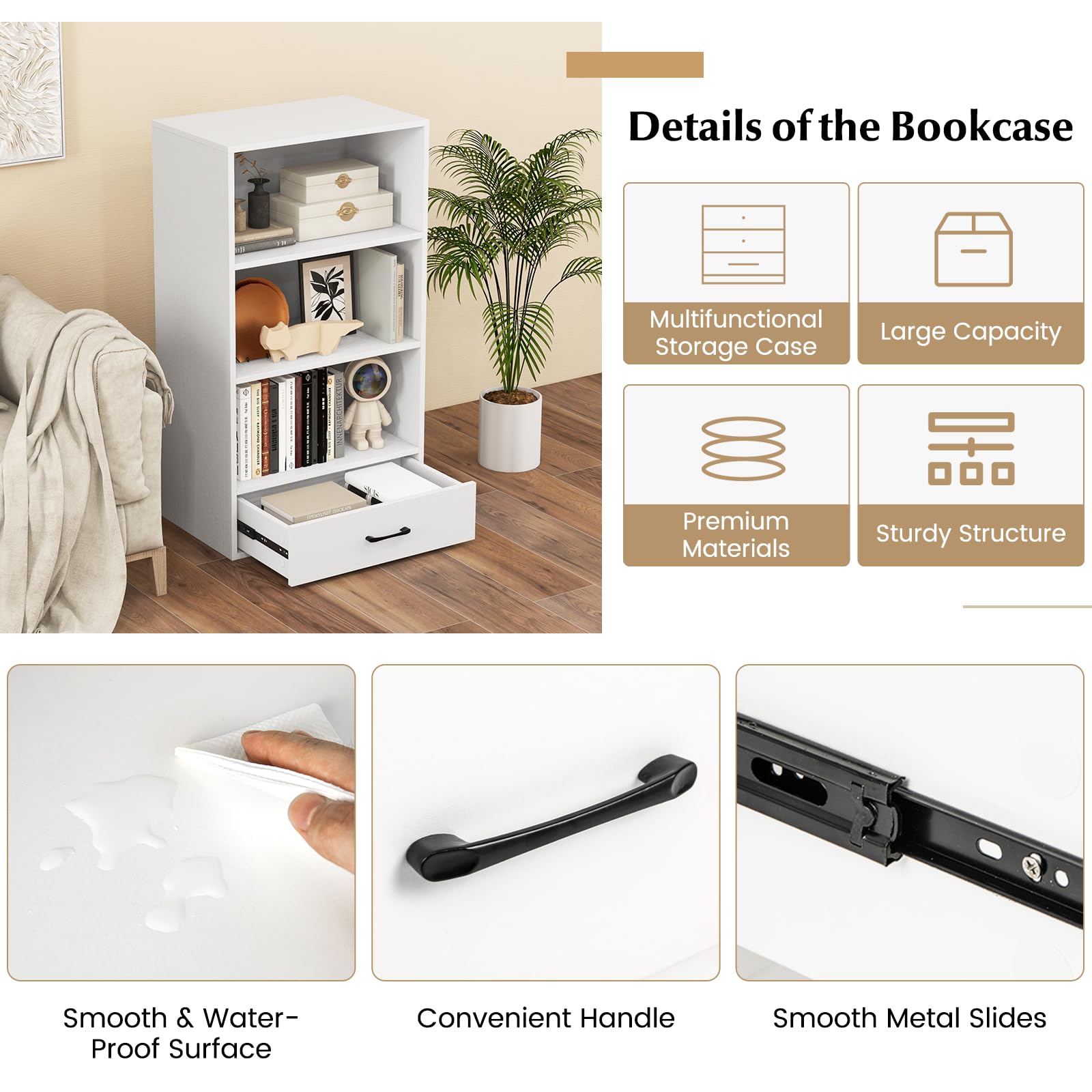 IFANNY 3 Shelf Bookcase with Drawer, Wood Bookshelves and Bookcases, Cube Bookcase Shelf, Small Bookshelf with Storage for Small Spaces, White Book Shelf for Bedroom, Living Room, Home Office