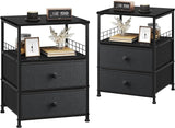 Nightstand Set of 2, Bedside Table with Fabric Drawers and Open Wood Shelf Storage