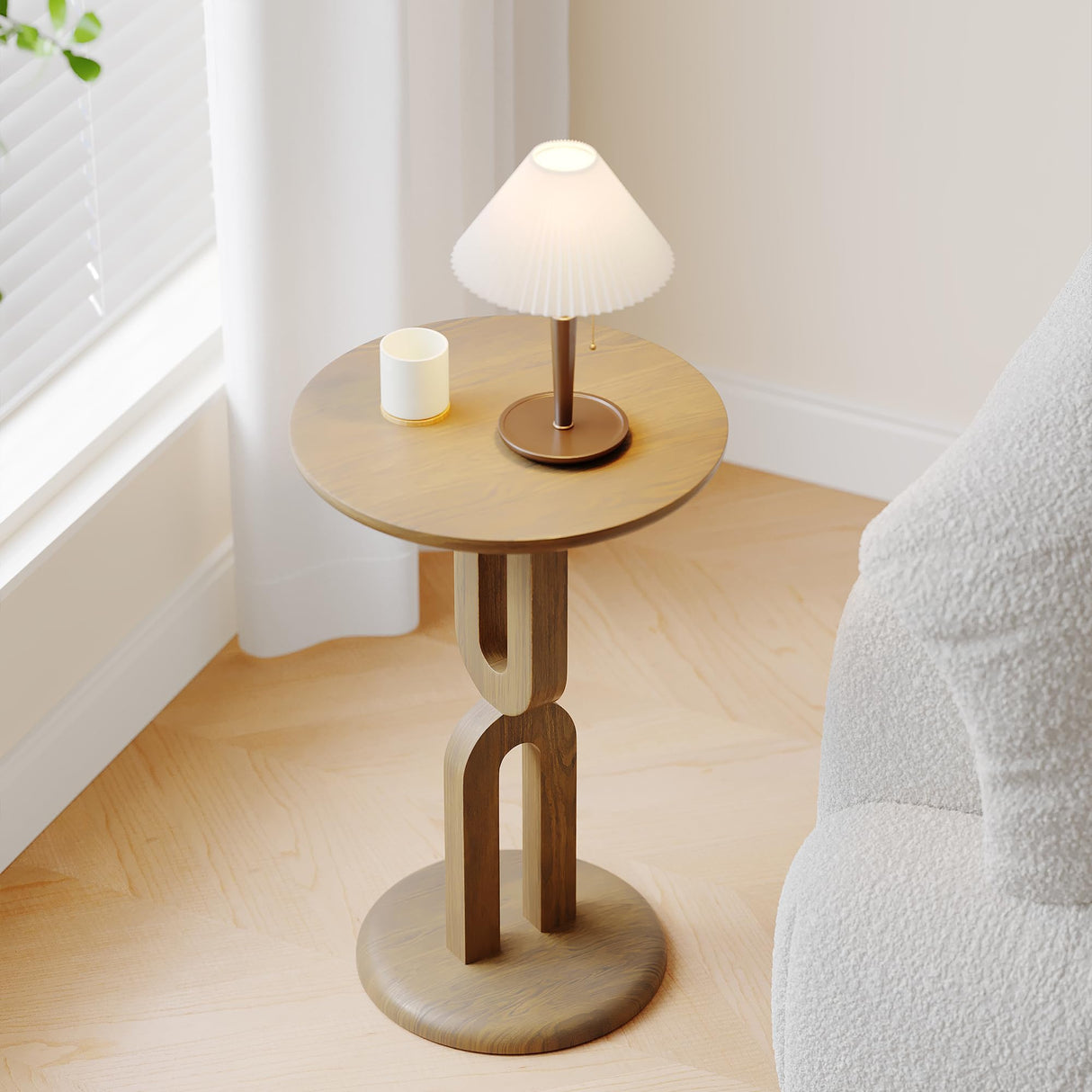 Solid Wood End Table, Ash Wood, Walnut Finish, Double U-Shaped Design