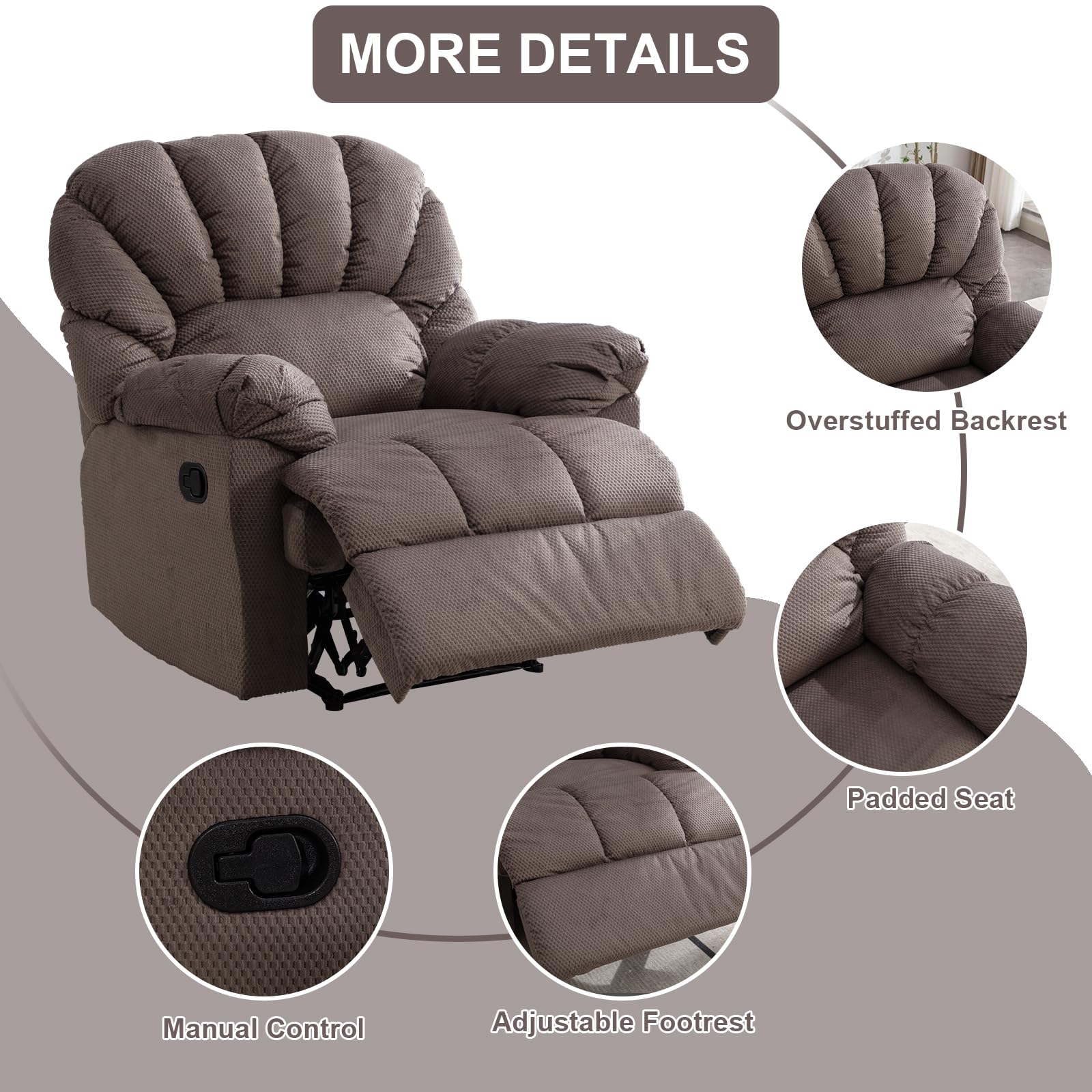 Ultra-Plush Manual Recliner Chair – Wide Backrest in Light Brown