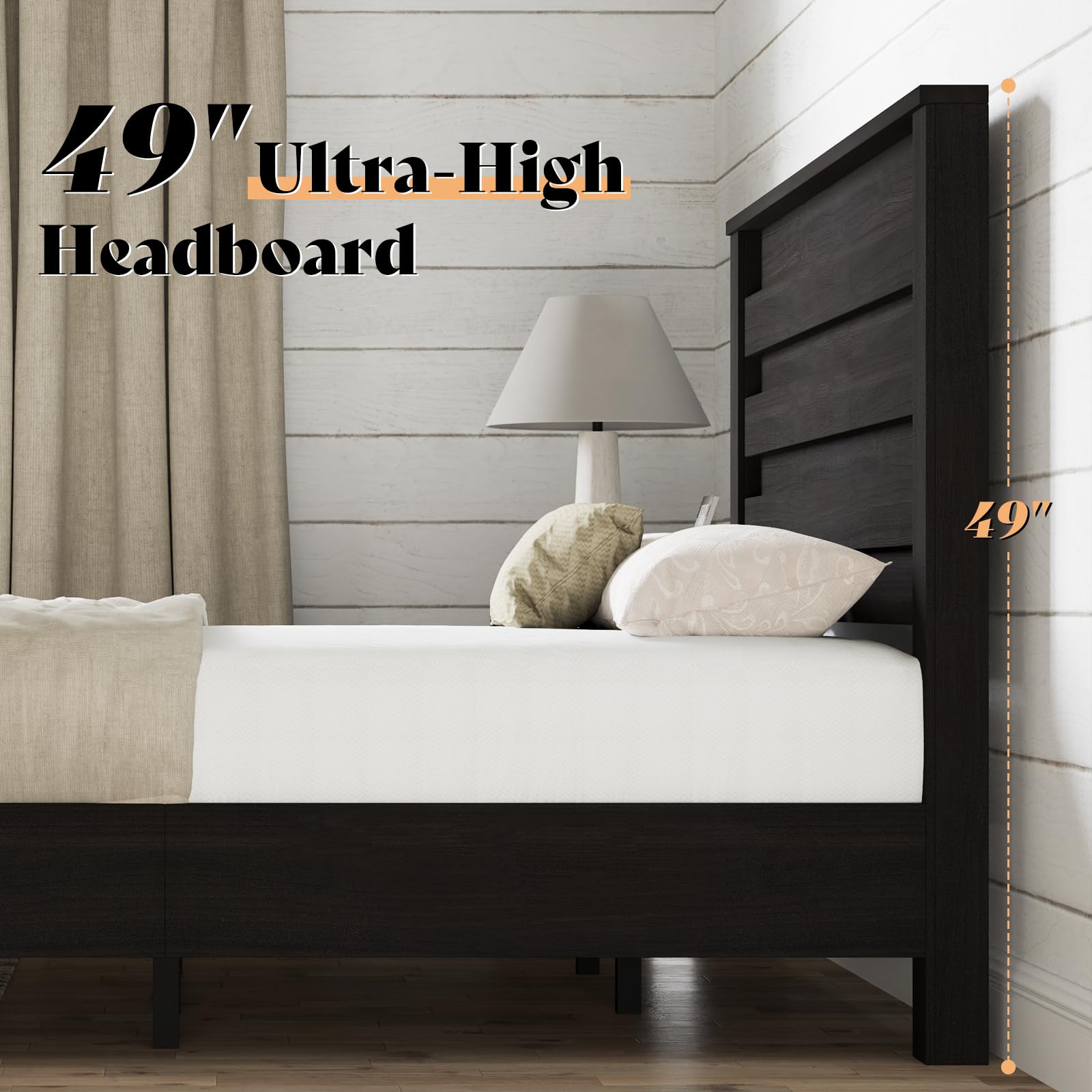 AMERLIFE Farmhouse Full Size Bed Frame with 49" Fluted Headboard, Platform Bed with Natural Wood Grain, No Box Spring Needed/Noise Free, Black