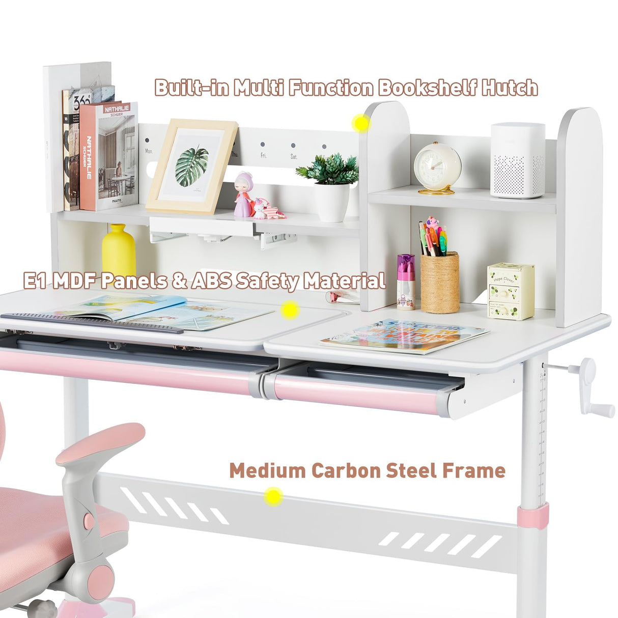 Adjustable Kids Desk with Hutch and Drawers, 47" Wide Multifunction Ergonomic Study