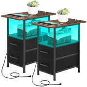 Narrow Side Table Set 2 with LED Light and USB C Port, Night Stand with Charging Station