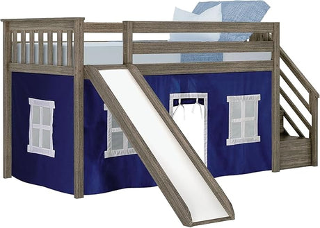 Loft Bed, Twin Bed Frame For Kids With Stairs, Slide, and Curtains for bottom, Grey/Blue