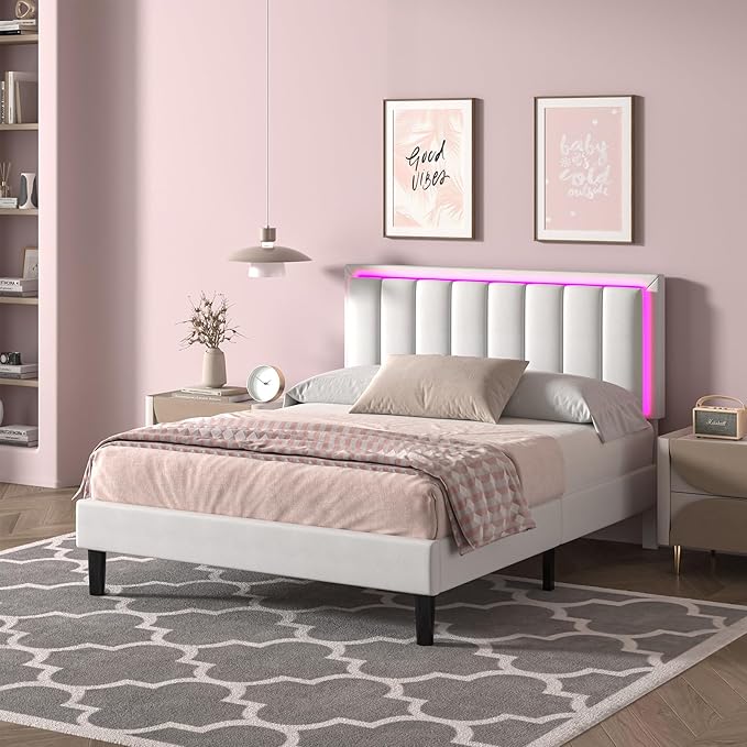 Queen Bed Frame with LED Lights, Upholstered Bed Frame Queen with Headboard