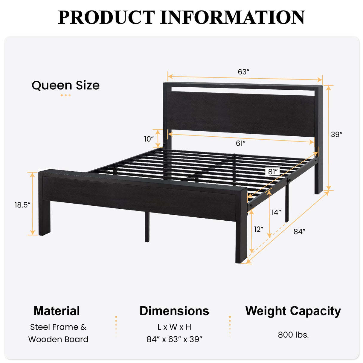 14 Inch Queen Size Metal Platform Bed Frame with Wooden Headboard and Footboard,