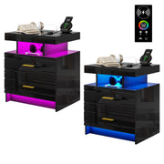 LED Nightstand Set of 2, Modern Night Stand with Wireless Charging Station, High Gloss