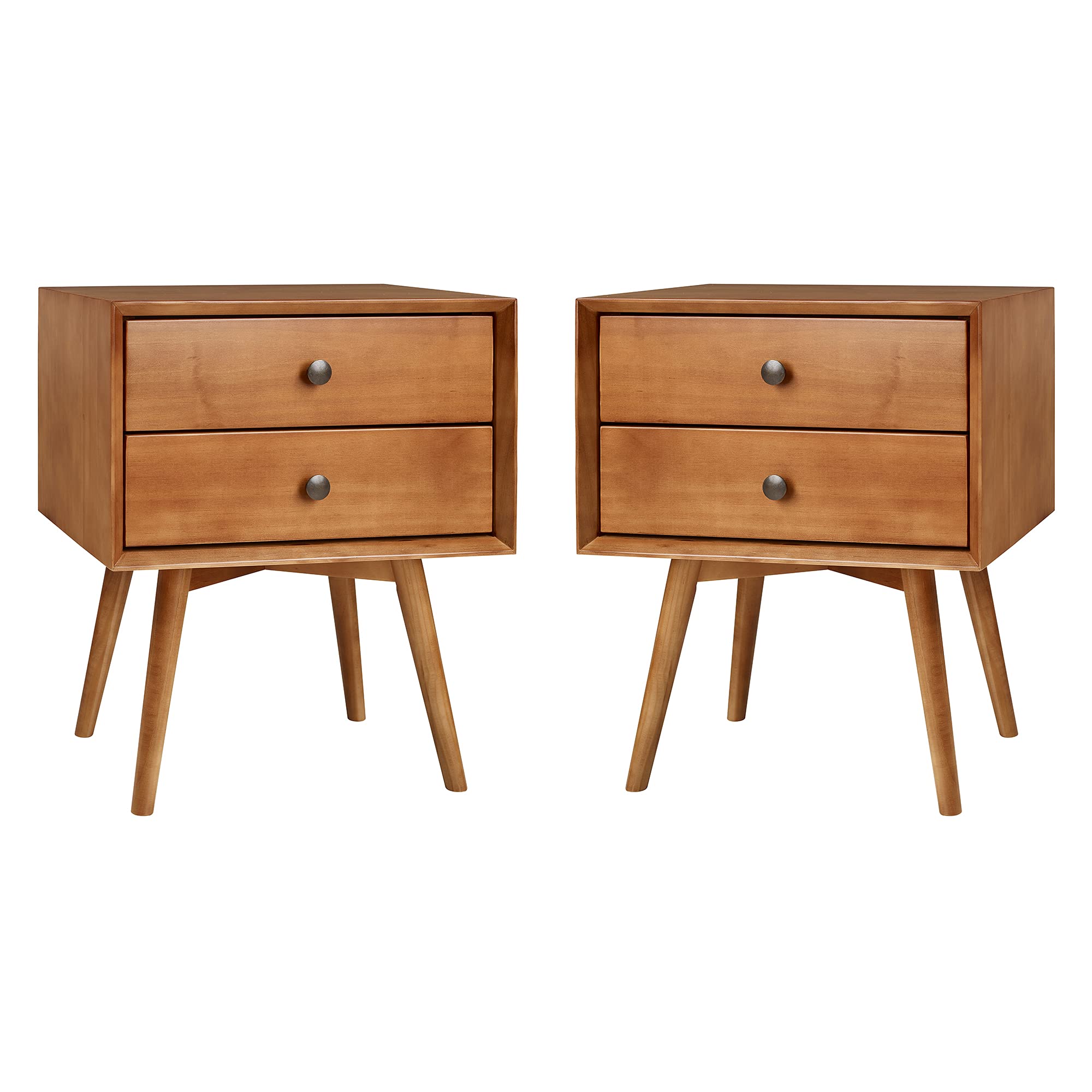 Walker Edison Ella Mid-Century Modern 2-Piece 2-Drawer Solid Wood Nightstand Set, 2 Pack, Caramel
