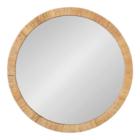 Rahfy Boho Round Rattan Mirror, 28 Inch Diameter, Natural Wood, Decorative Round Wood