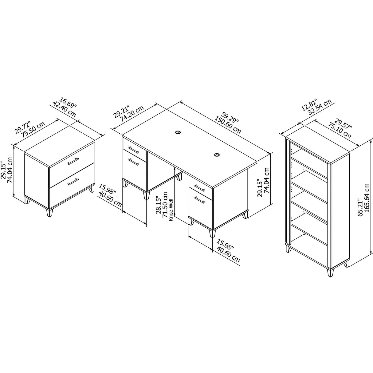 Somerset 60W Office Desk with Lateral File Cabinet and 5 Shelf Bookcase in Ash Gray