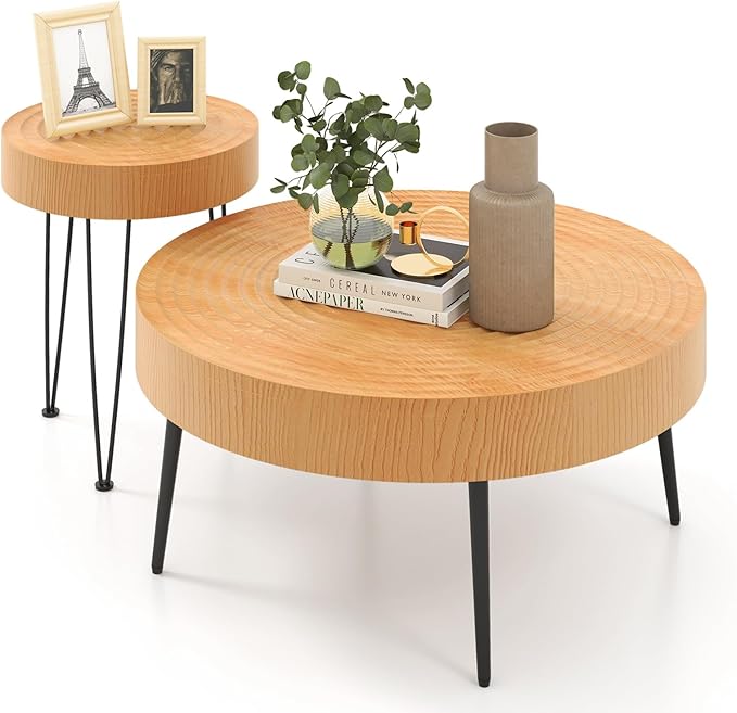 Farmhouse Round Coffee Table Set of 2, Rustic Sofa Side Tea Tables w/Wood Finish