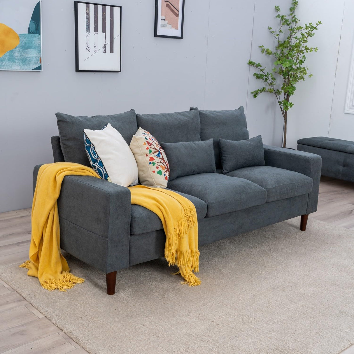 3 Seat Designer Sofa Couch Linen Fabric Wood Legs, Grey