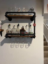 Wine Rack Wall Mounted 2 Tier, Hanging Floating Small Mini Bar Liquor Shelves