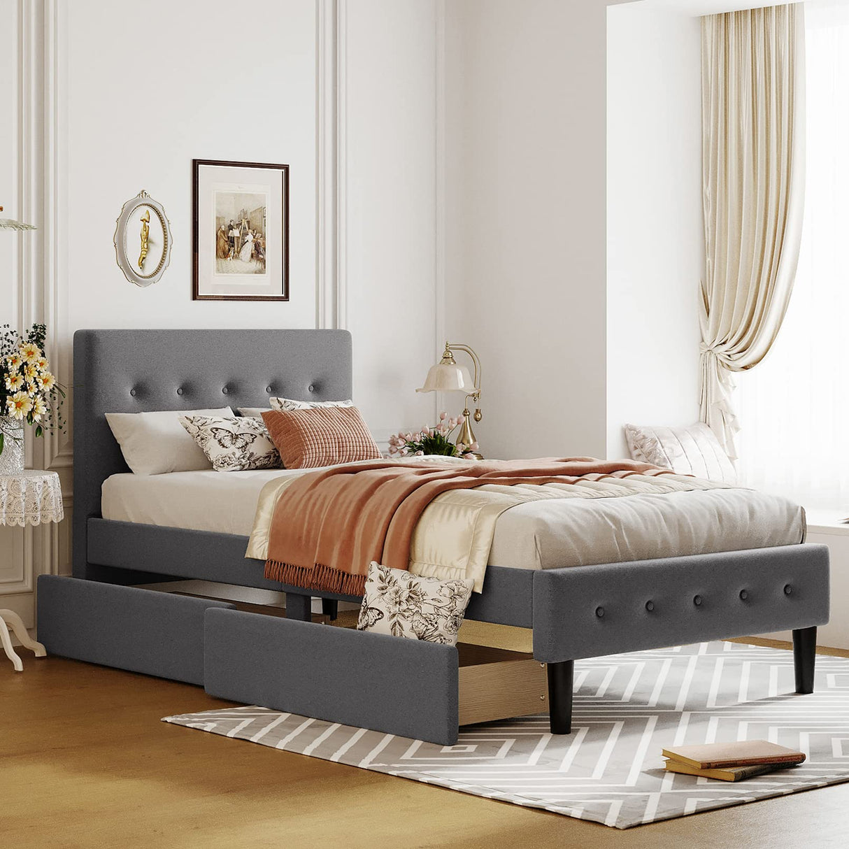 Twin Size Wooden Upholstered Platform Bed Frames with 2 Storage Drawers