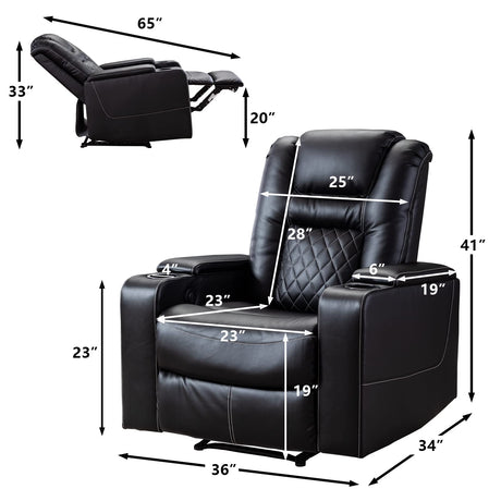 CANMOV Electric Power Recliner Chair with USB Ports and Cup Holders, Breathable Leather Home Theater Seating with Hidden Arm Storage (Black)