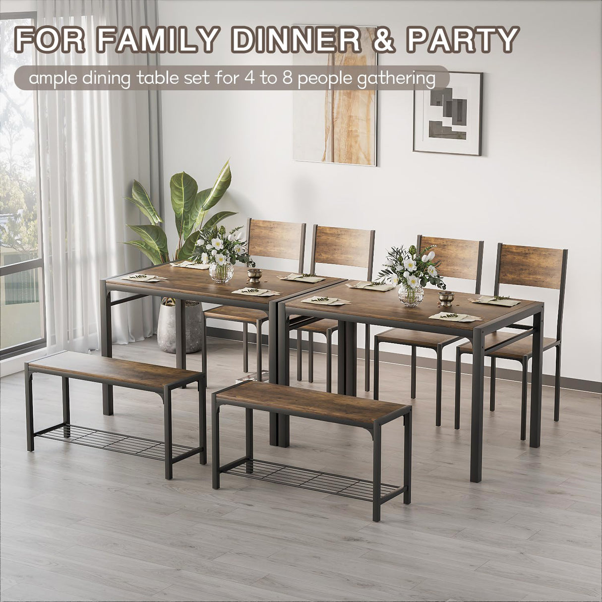 Kitchen Table and 2 Chairs for 4 with Bench, 4 Piece Dining Sets for Small Space